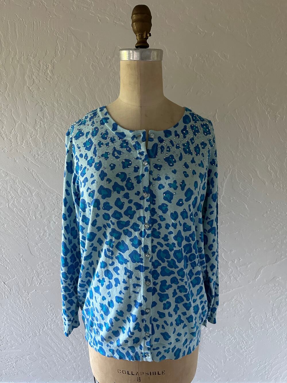 QUACKER FACTORY | Blue Animal Print Cardigan NEW Medium Bling Button Sweater